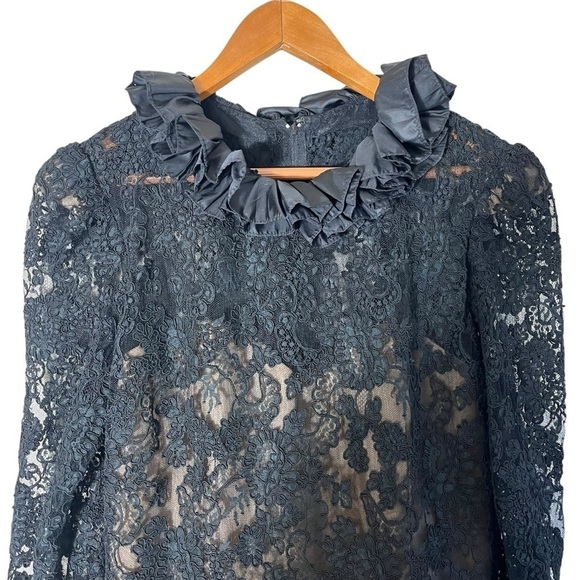 VINTAGE 70s VICTOR COSTA Couture Pleated Ruffle and Lace Midi Dress - Picture 6 of 14